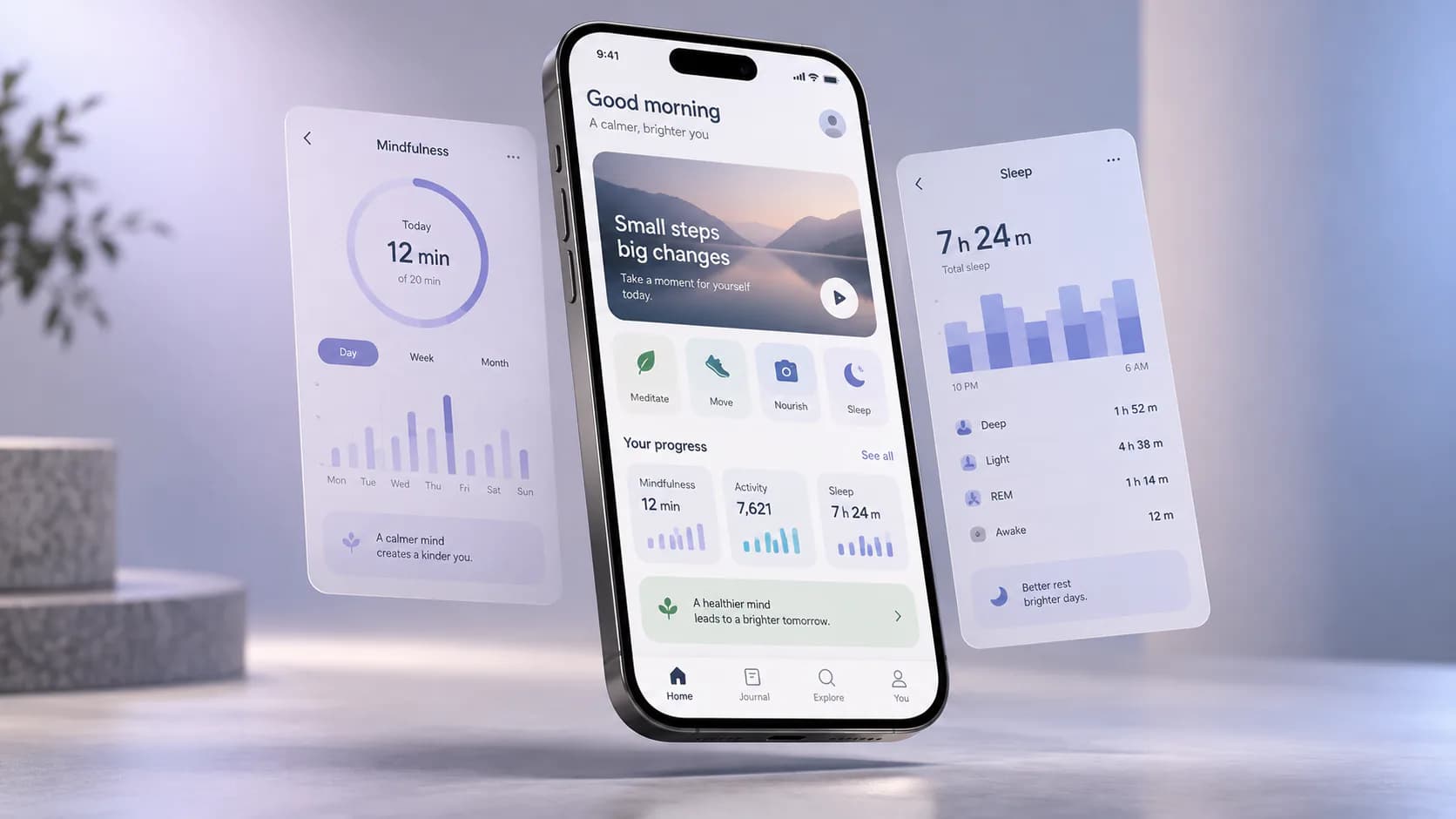 Floating smartphone mockup presenting a polished wellness app interface