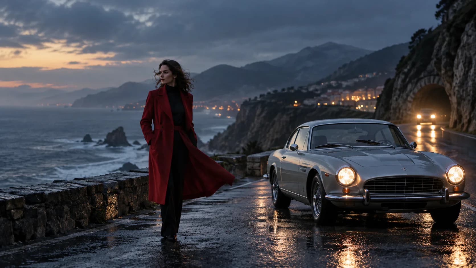 Cinematic commercial scene with a woman in a red coat beside a silver coupe