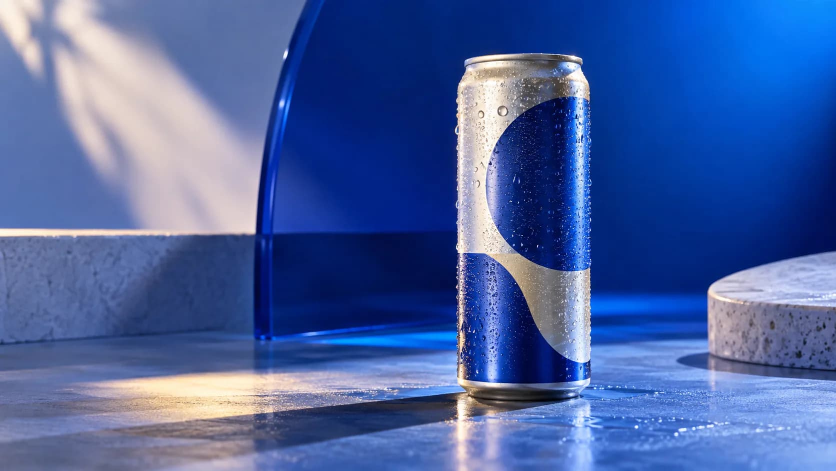 Condensation-covered beverage can on a sculptural blue studio set