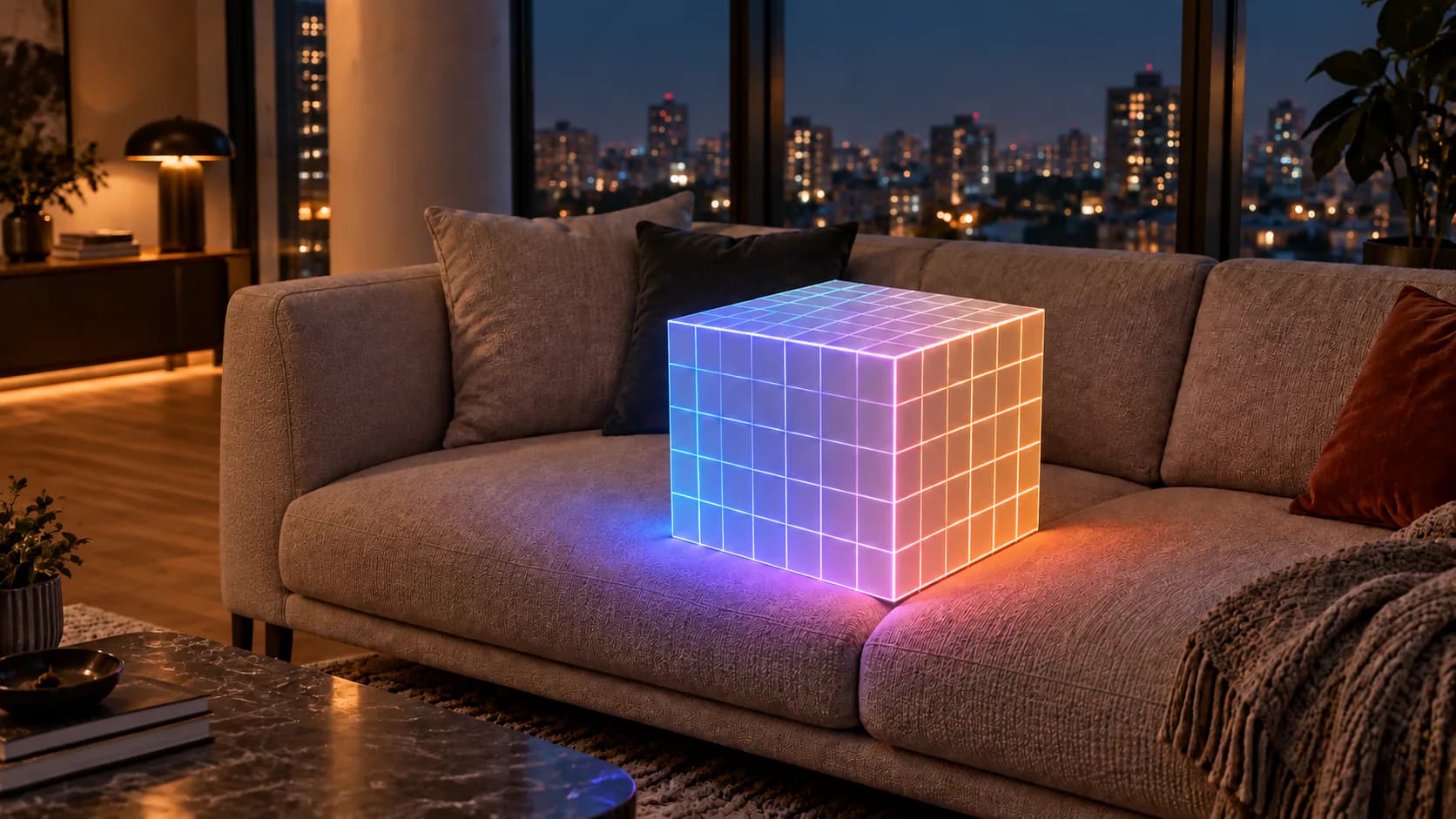 A precise projection-mapped grid illuminating a cube in a high-rise apartment