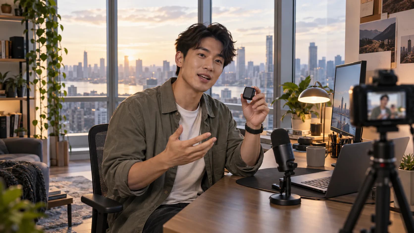 Asian tech creator recording at a corner desk in a high-rise apartment
