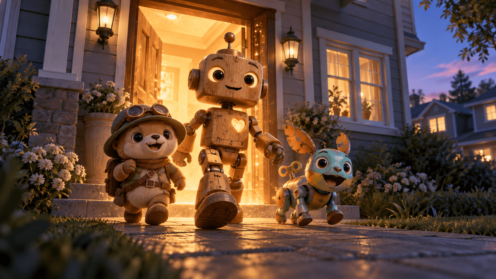 Original toy-like 3D characters walking through a glowing house doorway
