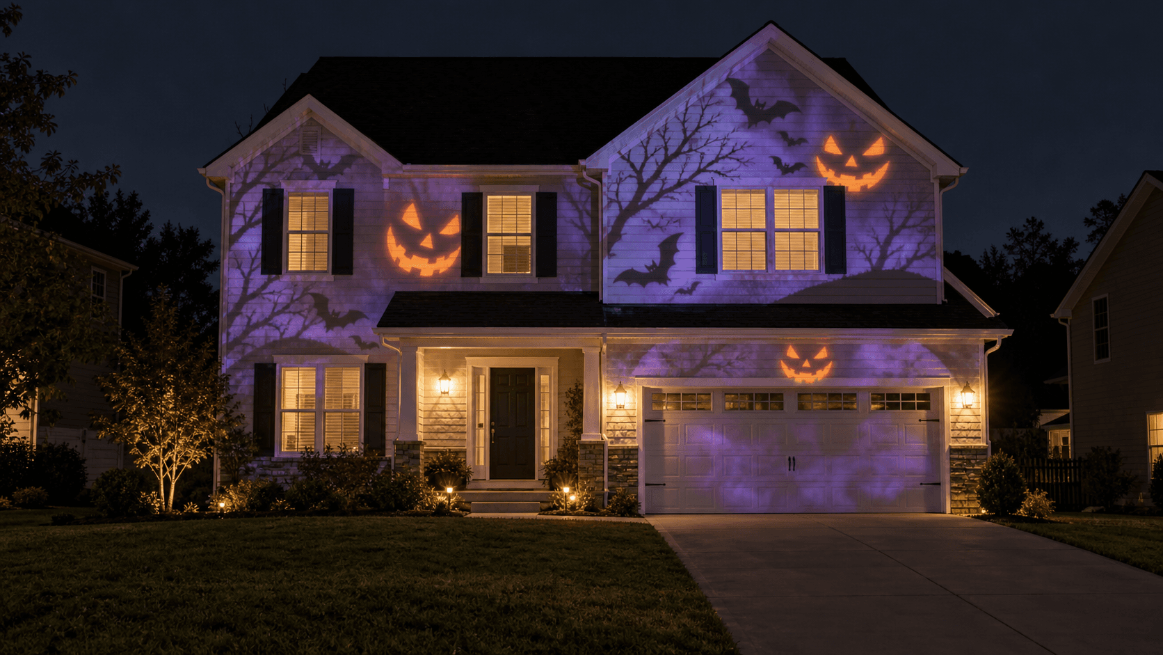 Realistic Halloween projection artwork cast across a suburban house