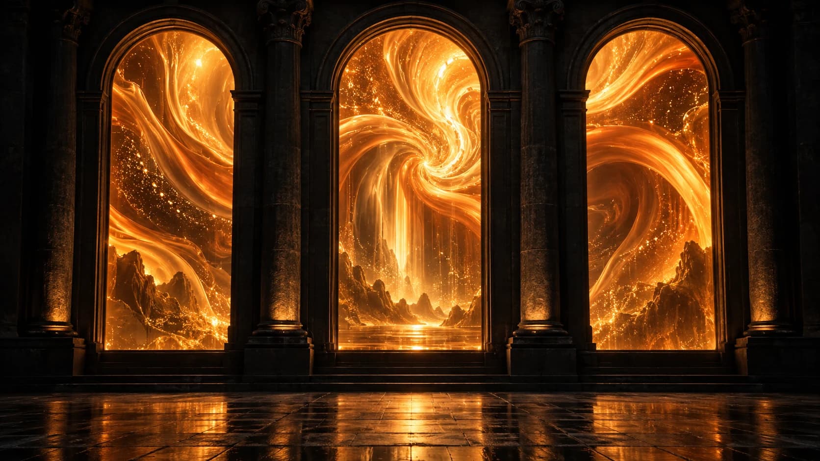 An illustrative golden world of swirling light filling three arched windows
